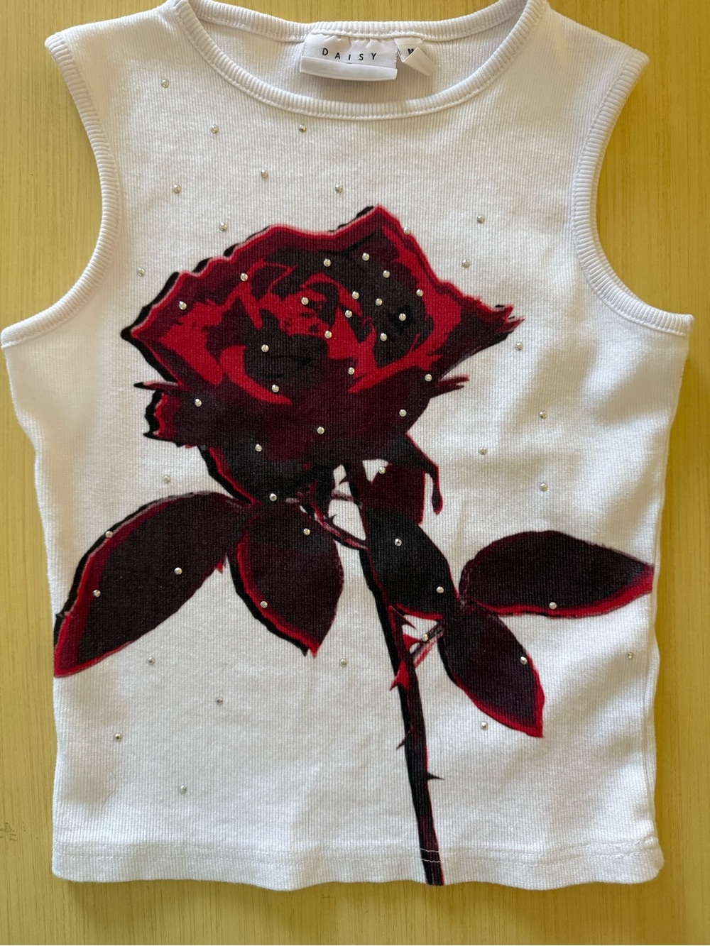 Daisy White Tank Top with Red and Black Rose Graphic